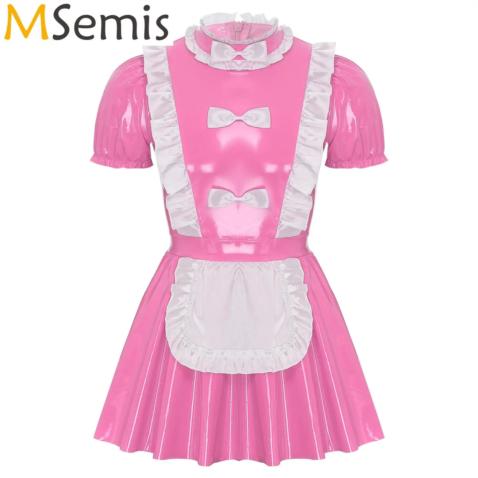 

Mens Naughty Maid Uniform Glossy Patent Leather Clubwear Sissy French Maid Dress Ruffles Trim Bow Apron Puff Sleeve A-Line Dress