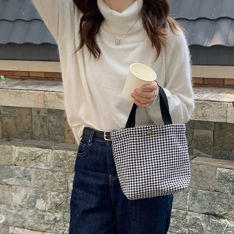 Retro Plaid Women Woolen Shoulder Bag Houndstooth Handbags Student Girl Lunch Bento Bags Hand Carrying Female Cloth Shopping Bag