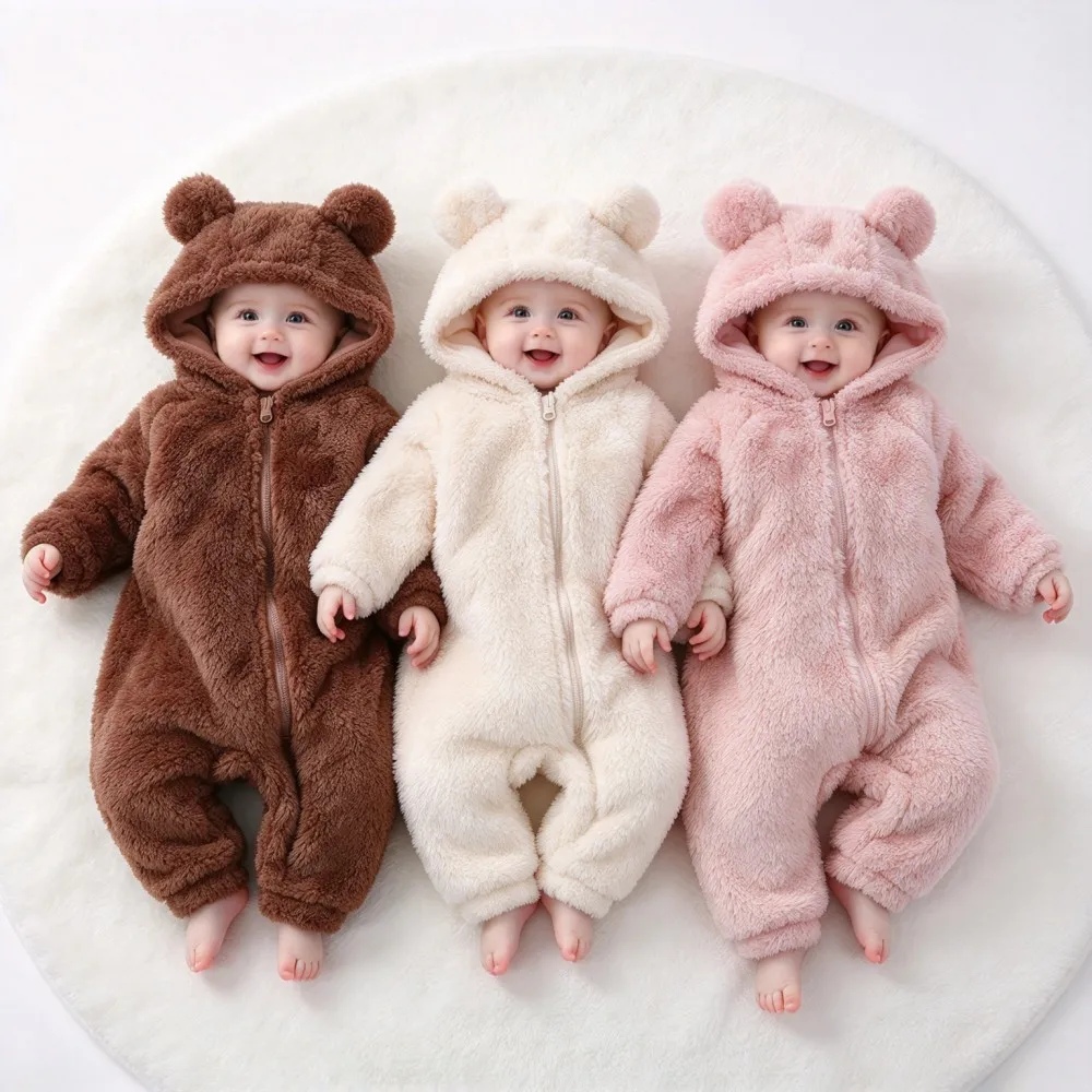 Baby Plush Hooded Romper Fuzzy Fleece Zip Up Jumpsuit Newborn Infant Boys Girls Warm Winter Crawling Suit Cartoon Animal Outfit