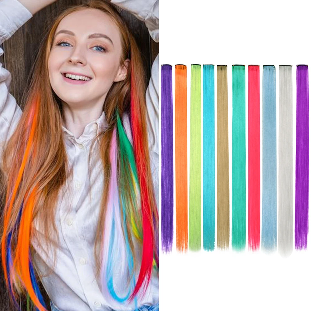 Extensões sintéticas de cabelo liso para mulheres, grampo no cabelo, cabelo colorido do destaque, presentes do cosplay da festa, 22 ", 10 pcs