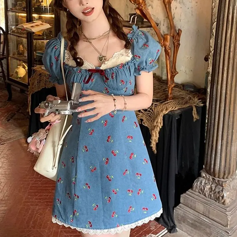 Hotsweet Vintage Denim Mini Dress Summer Sweet Cherry Printed Women's Clothing Lace Patchwork Stylish Puff Sleeve Waist Dresses