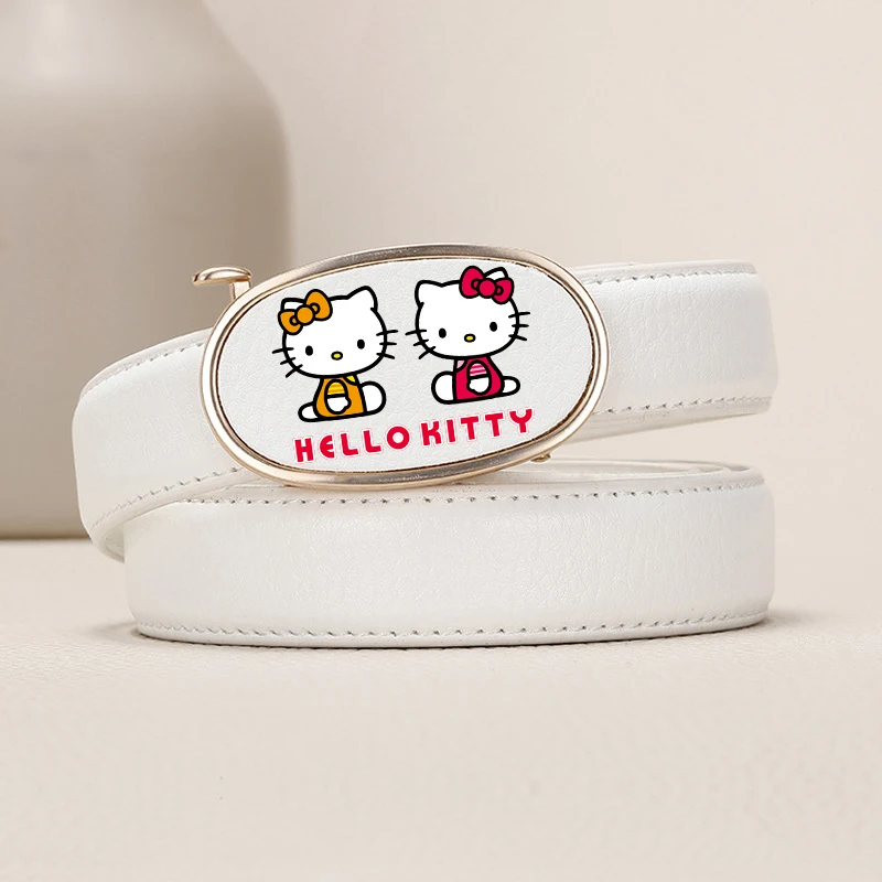 Hello Kitty-Cinturón de piel auténtica Sanrio Kawaii para mujer, cinturón con hebilla automática perforada sin dientes, versátil