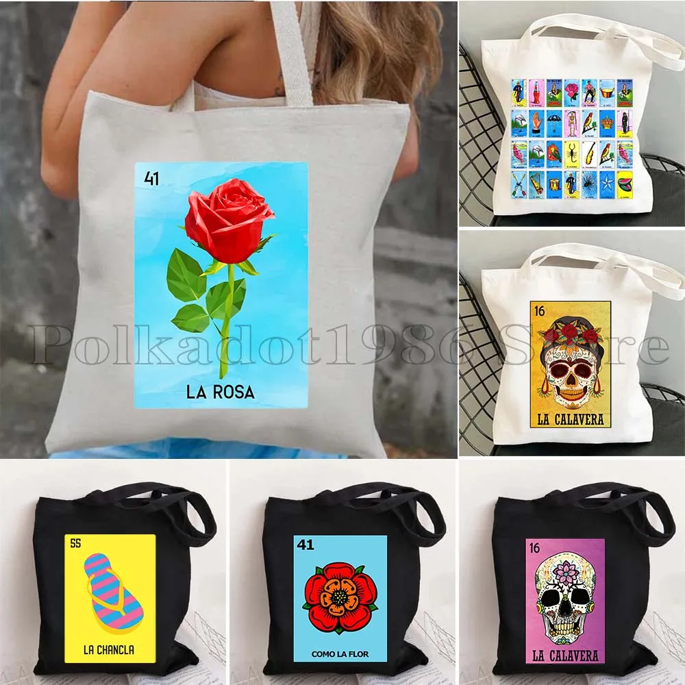 Mexican Loteria Bingo Card Art Print LA ROSA Diablita Toxica Witch Ballet El Jefe Nopal Catrin Papa Gift Canvas Tote Bag Handbag