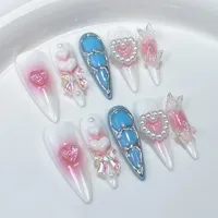 10pcs detachable Long stiletto almond false nails aurora sweet cool fake nails with 3D butterfly love full cover press on nails