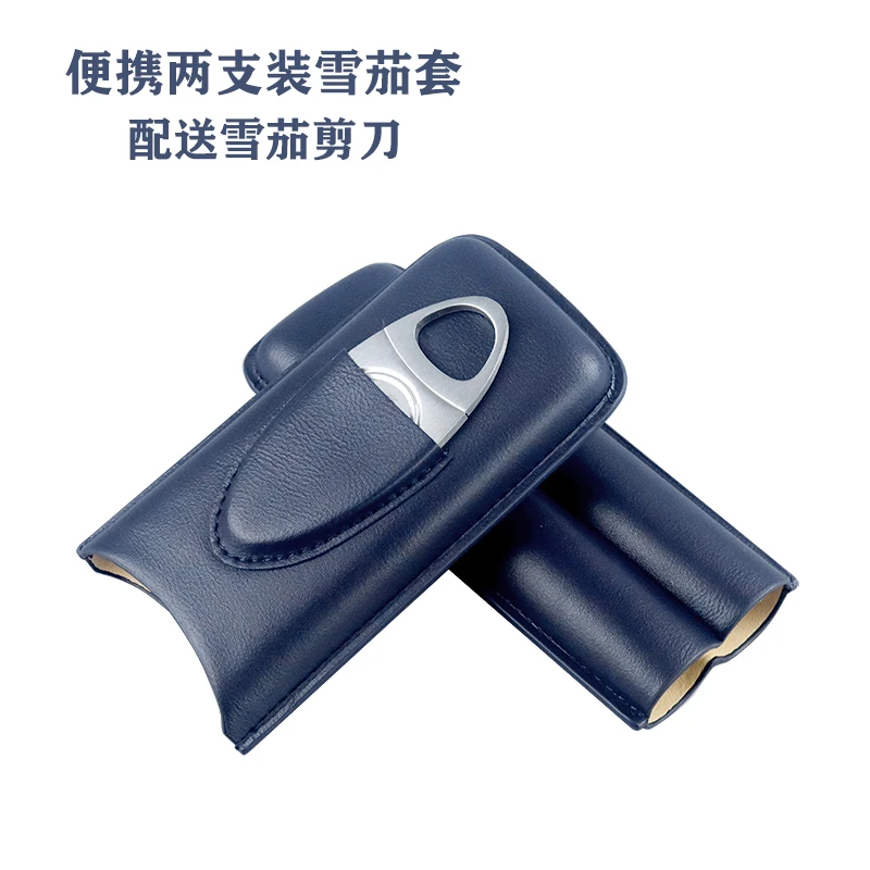 Cigar Leather Case Portable Carry-On 2 Pack Navy Blue Cigar Bag Personalized Moisturizing Box with Cigar Scissors Accessories
