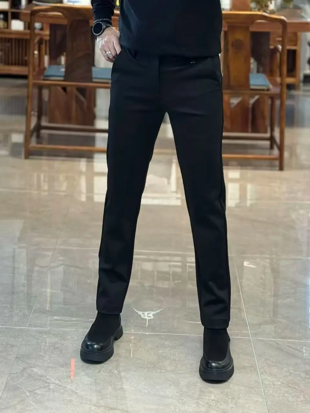

Мужские повседневные брюки прямого кроя на весну-осень, укороченные, черные, с высокой эластичностью, трехмерный крой, новинка