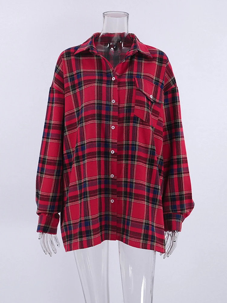 2023 Autumn Winter Women Vintage Oversized Long Thick Plaid Shirt Long Sleeve Ladies Loose Fit Blouse For Woman