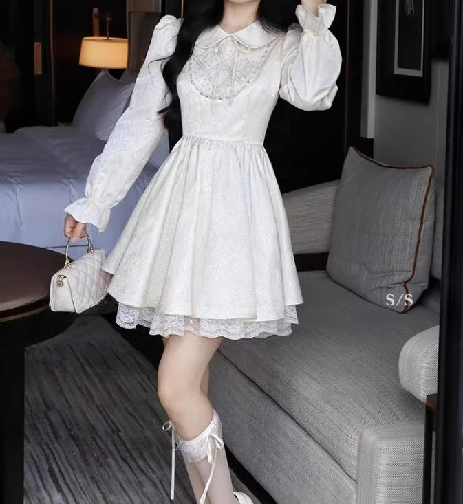 Lente Herfst Zoete Peter Pan Kraag Lange Mouw Prinses Jurk Mode Veelzijdige Leeftijdsverlagende Japanse Nep Tweedelige Jurken