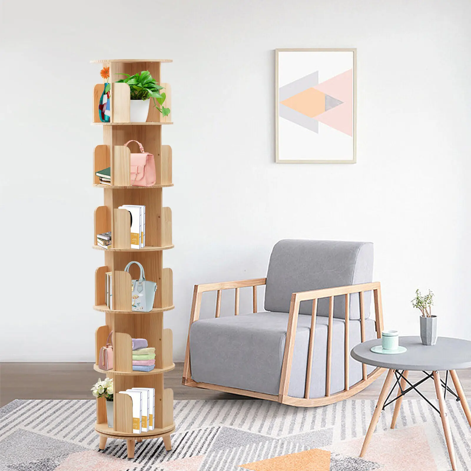 Rotating Bookshelf Cylindrical Wooden Book Rack 6 Tier Plants Storage Display Holder Stand 360° Rotating Floor Standing Shelf