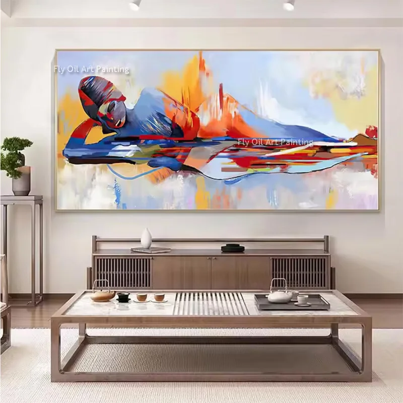 Fashional Design Blue Orange Man Laying Mountain Lake Views Oil Painting Handmade Abstract Blue White Women Canvas Artwork