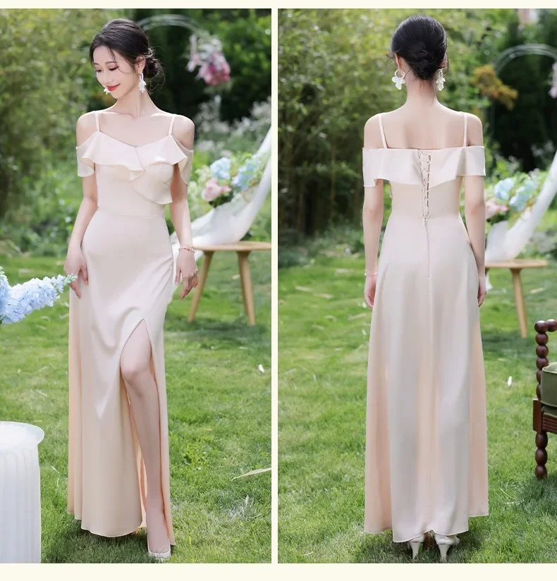 Elegante Brautjungfernkleider, Champagner, Spaghetti, trägerlos, Abschlussball, Cocktailkleid, Brautjungfernkleider, Kleid der Trauzeugin