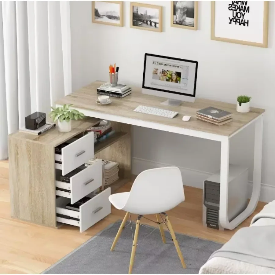 

Y55.1 дюймов Угловой компьютерный стол из дуба и белого дерева с 3 ящиками, письменный стол, учебный стол, стол для домашнего офиса, легко собирается.