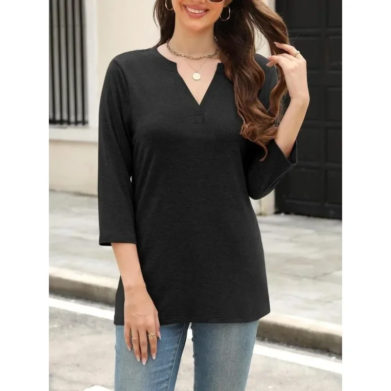 حجم كبير بلوزة الموضة النسائية الجديدة فضفاضة تناسب الخامس الرقبة 3/4 كم تي شيرت السيدات عادية بلون البلوزات النسائية #4