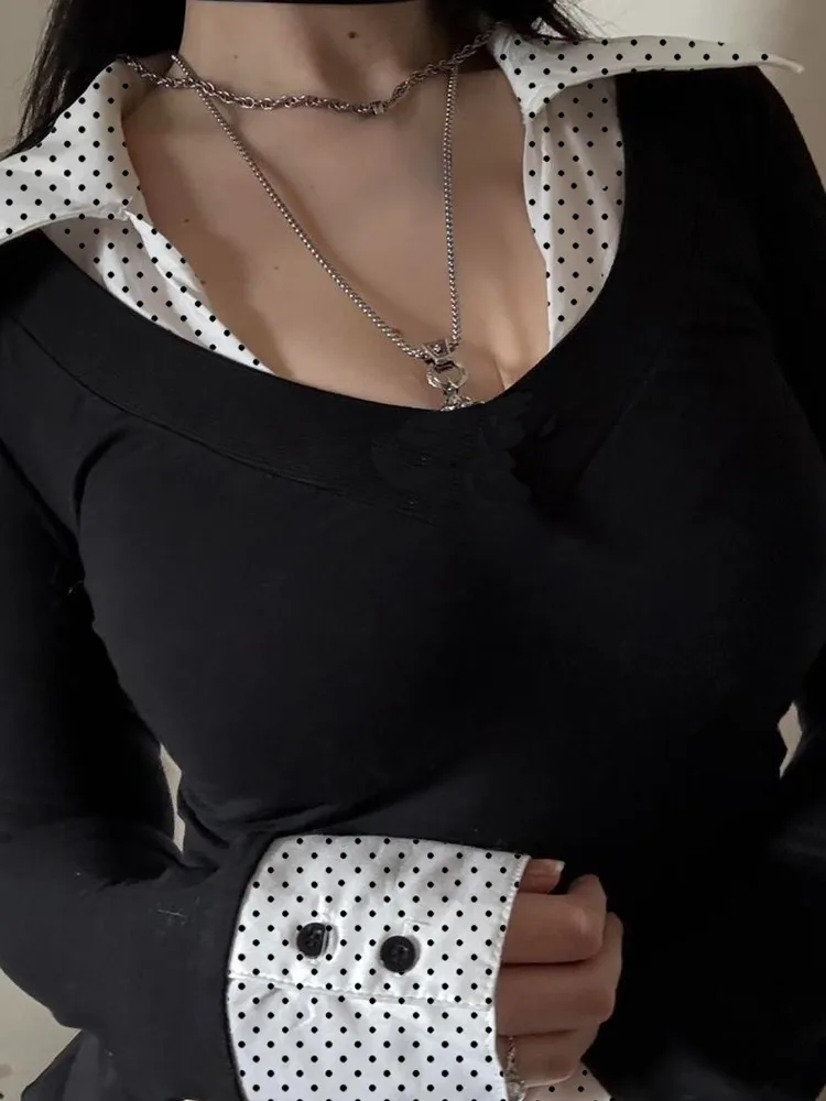 AltGoth Fairycore Grunge Chic T-shirt femmes esthétique élégant Y2k à pois faux deux pièces Patchwork col en v à manches longues T-shirt