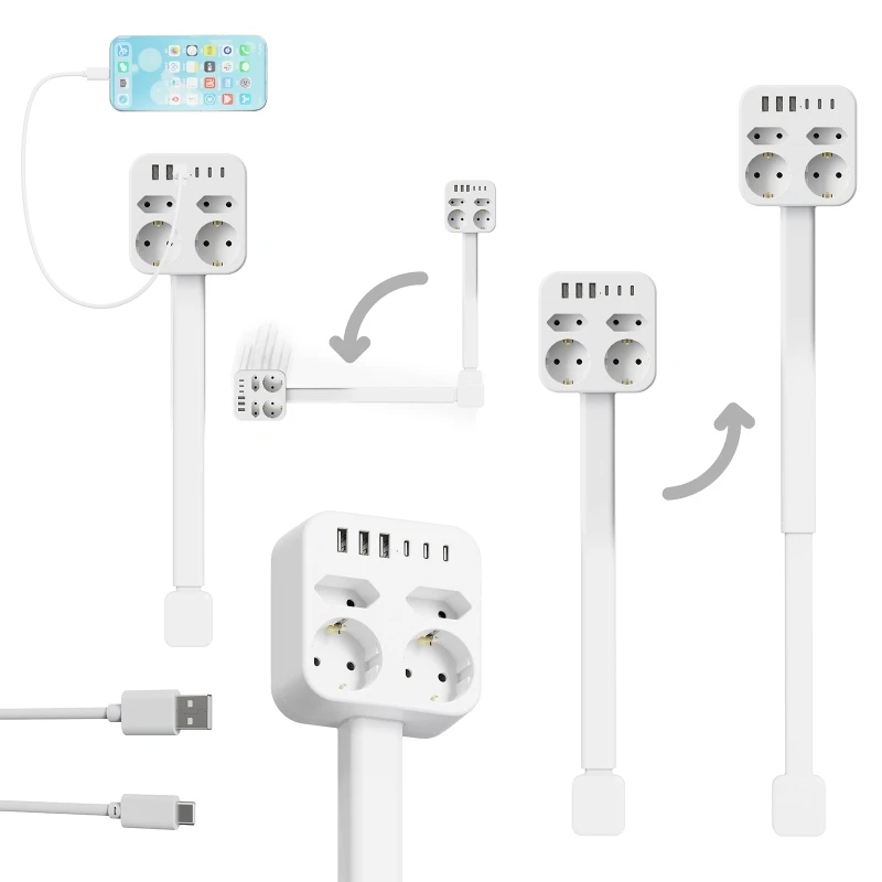 Electrical Wall Plug Rotates Electrical Outlet Extender Adjustable Length Power Outlets Extender Power Socket for NightStand