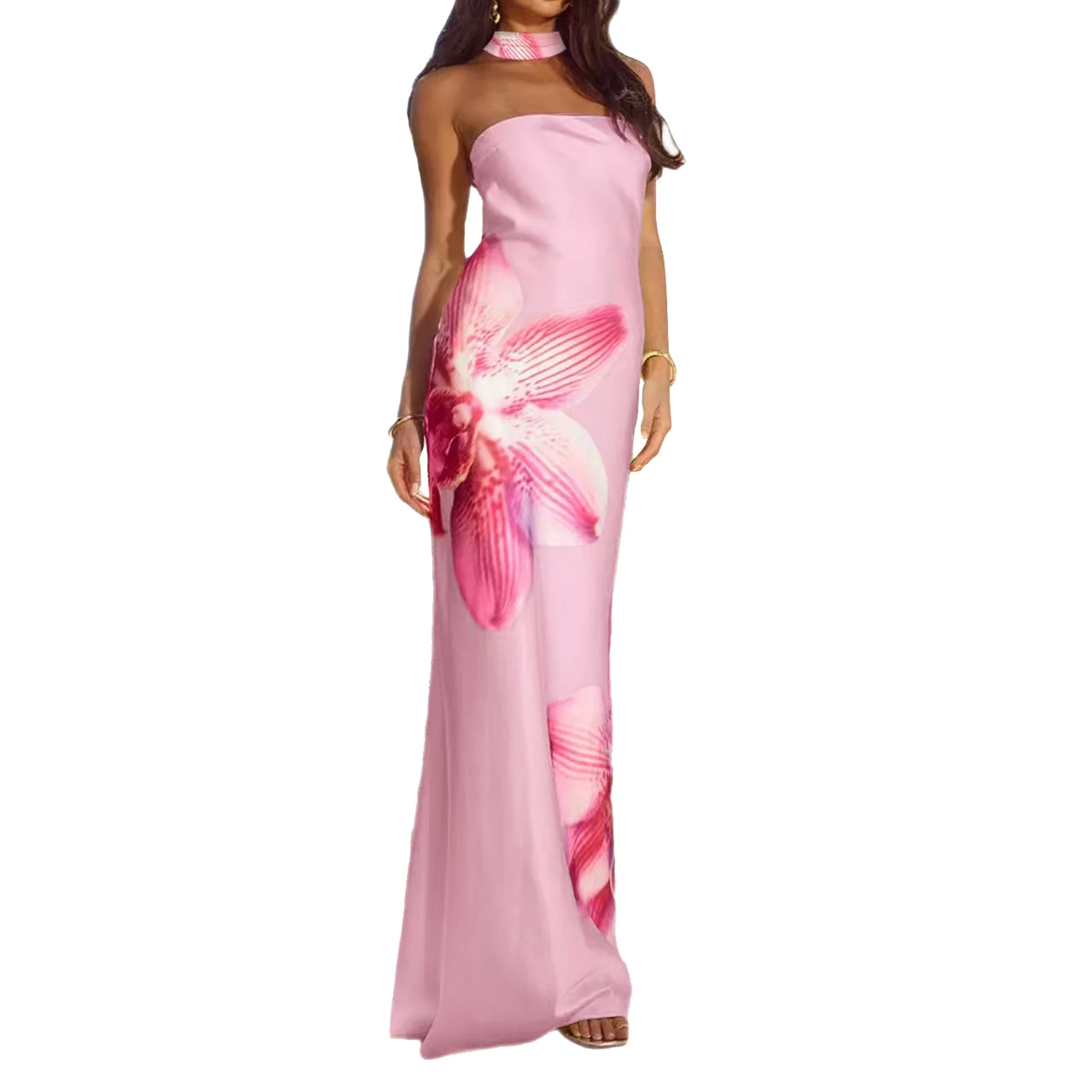 فستان Combhasaki للسيدات أنيق من الساتان بدون حمالات بدون ظهر بإبزيم معدني وفتحة جمالية مطبوعة بالزهور فستان صيفي طويل مع وشاح