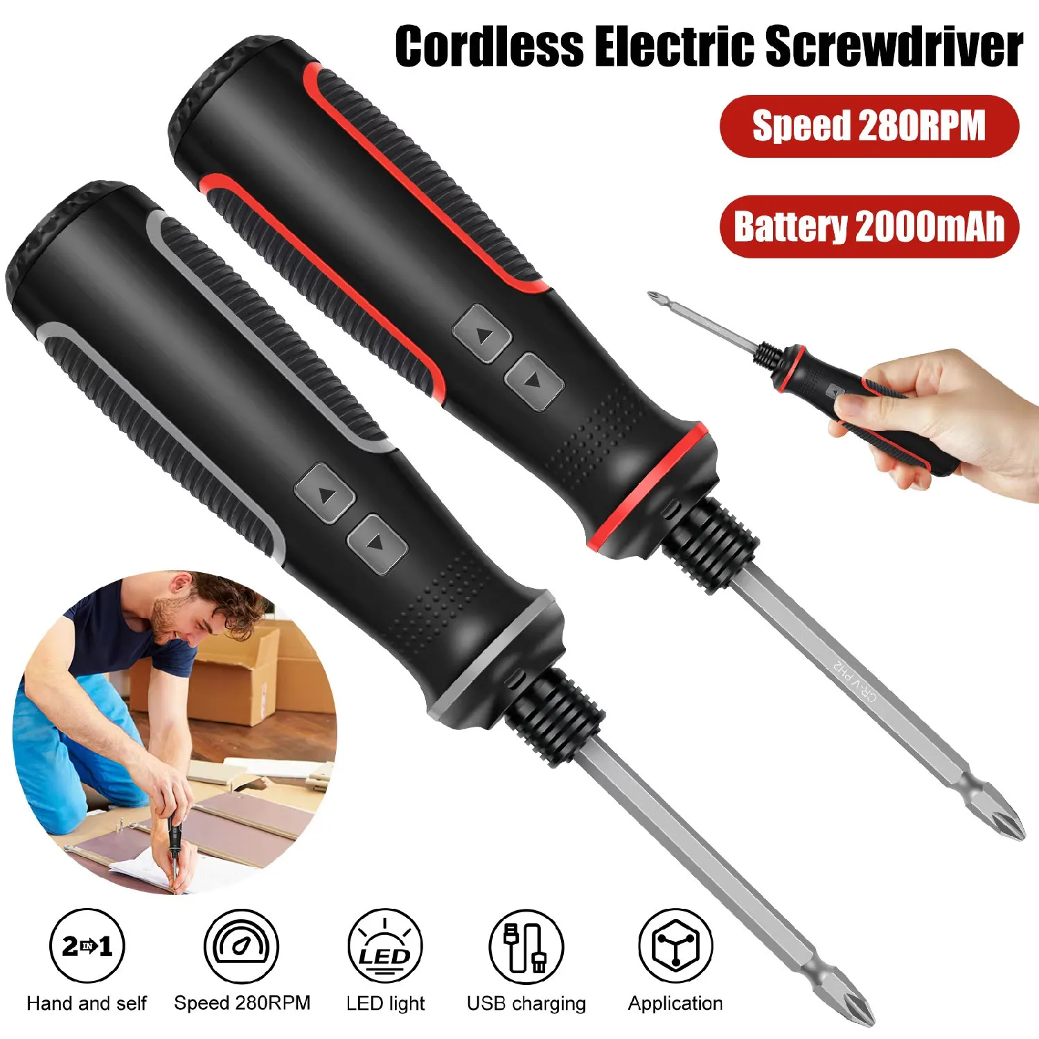Electric Screwdriver Rechargeable Cordless Screwdriver with LED Light Portable 1.5/10N.m 2 In 1 Power Manual Screwdriver