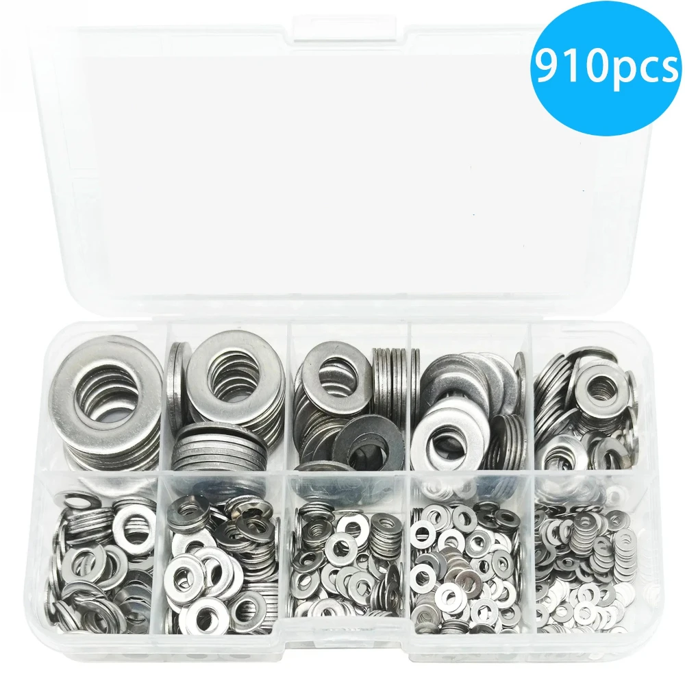 910pcs 304 Stainless Steel Gasket GB96 Metal Flat Gasket Hardware Accessories M2-M12 Washers Gaskets Various Specifications