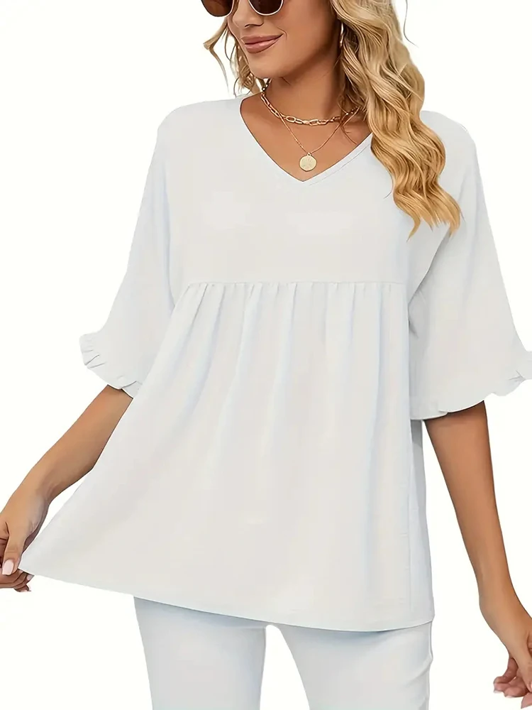 Mugen-Blusa de manga corta con volantes para verano, camisa informal con cuello en V, talla grande, Color liso, 2024