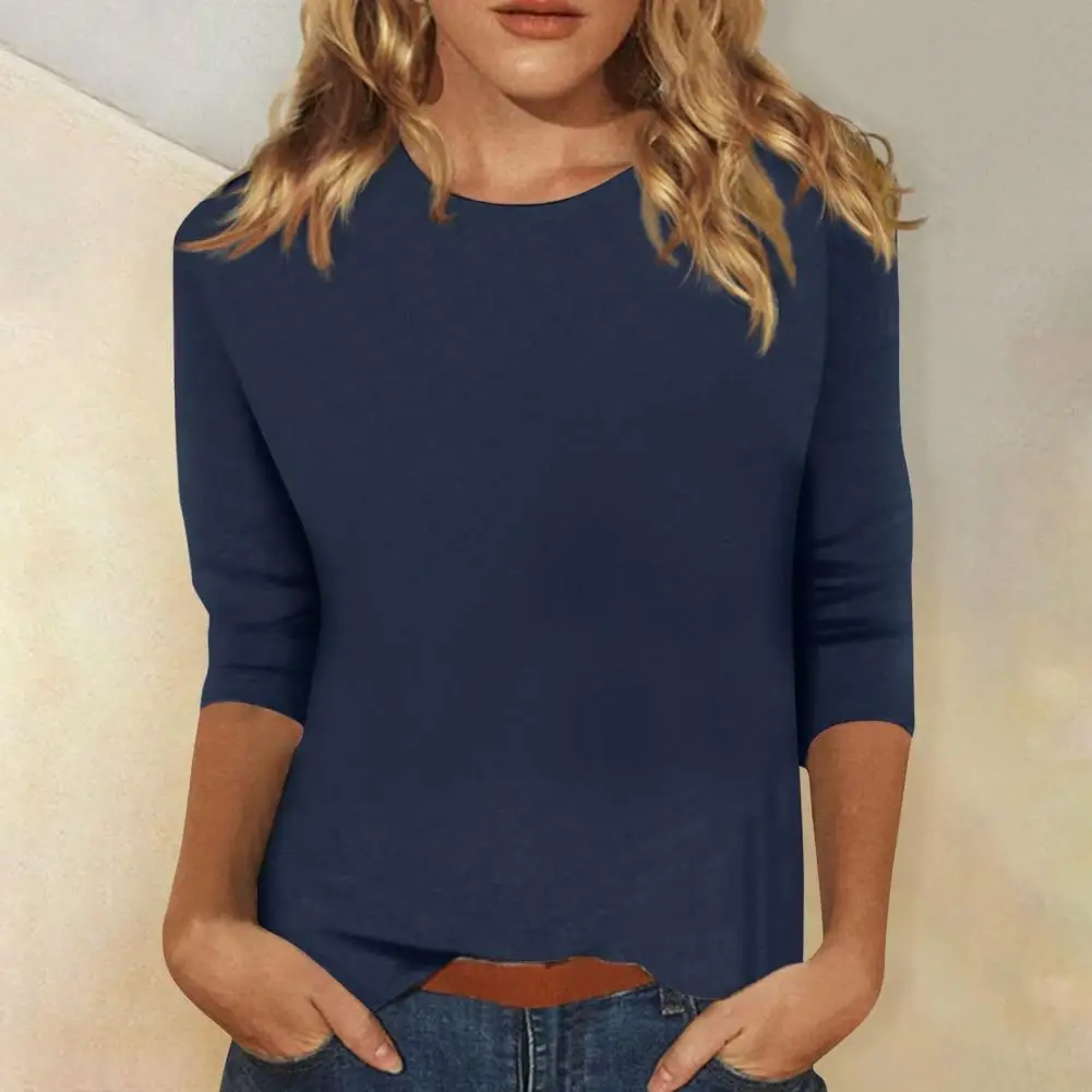 Elastische Vrouwen Blouse Zachte Textuur Vrouwen T-Shirt Stijlvolle Dames Casual T-Shirt Collectie O-hals 3/4 Mouw Pullover Tops Voor Een