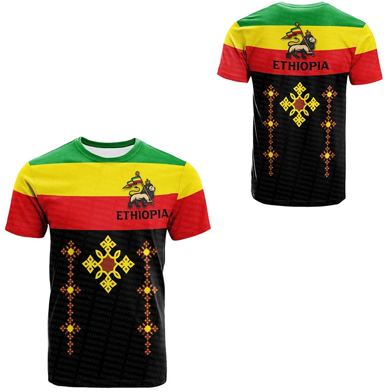 

Custom Name Ethiopia County Flag Lion Reggae Africa Native Tribe Tattoo 3DPrint Summer Casual Pullover Short Sleeves T-Shirts A2
