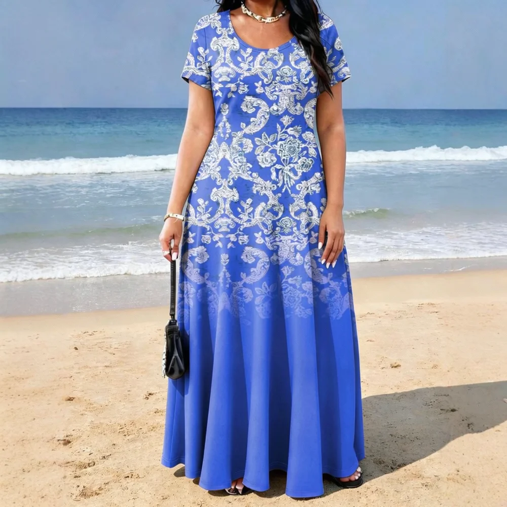 Fashion Womens Summer Dress Plus Size Floral Print Loose O Neck Maxi Dresses With Pockets Casual Comfortable Street Wear