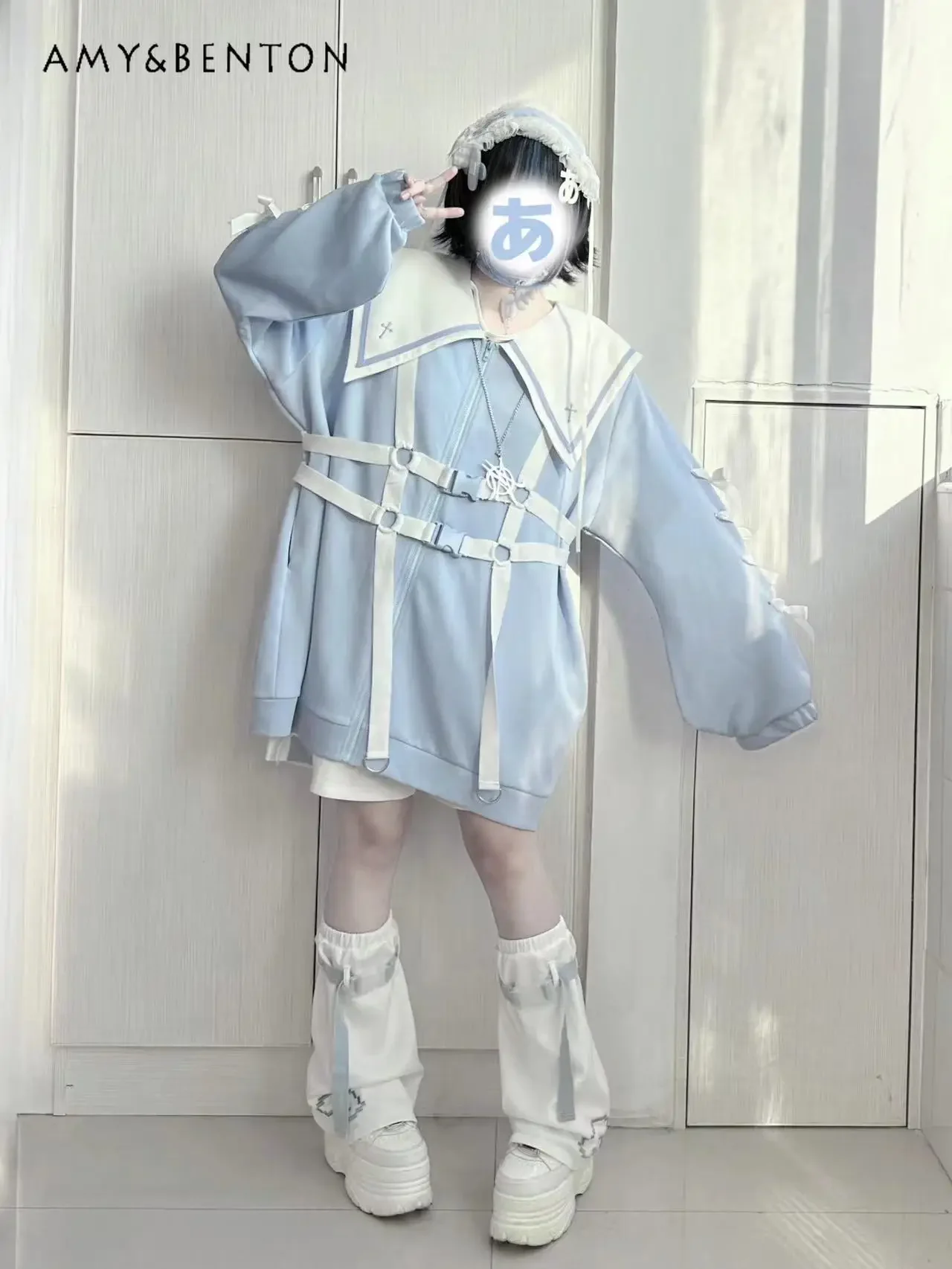 Japanese Mine Mass-Produced Water Color System Sailor Collar Bow Bandage Coat Short Sets Sweet Kawaii Oversized Gothic Outfits