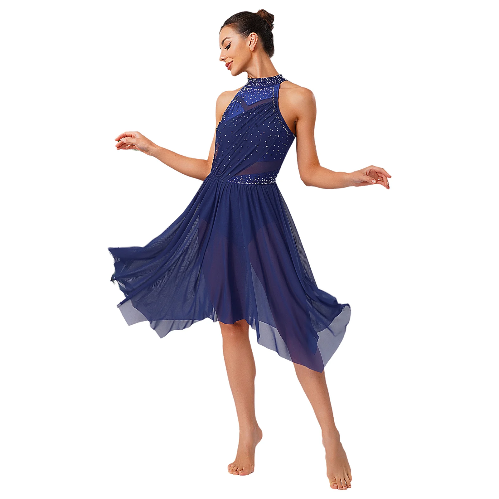 

Women Rhinestone Ballet Modern Lyrical Dance Dress Halter Irregular Mesh Ruffled Ballroom Waltz Skating Performance Dancewear