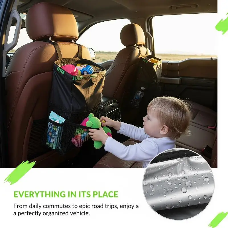 Waterproof Car  with Insulated Cooler Compartment Mesh Storage for Travel Snack Toy Holder