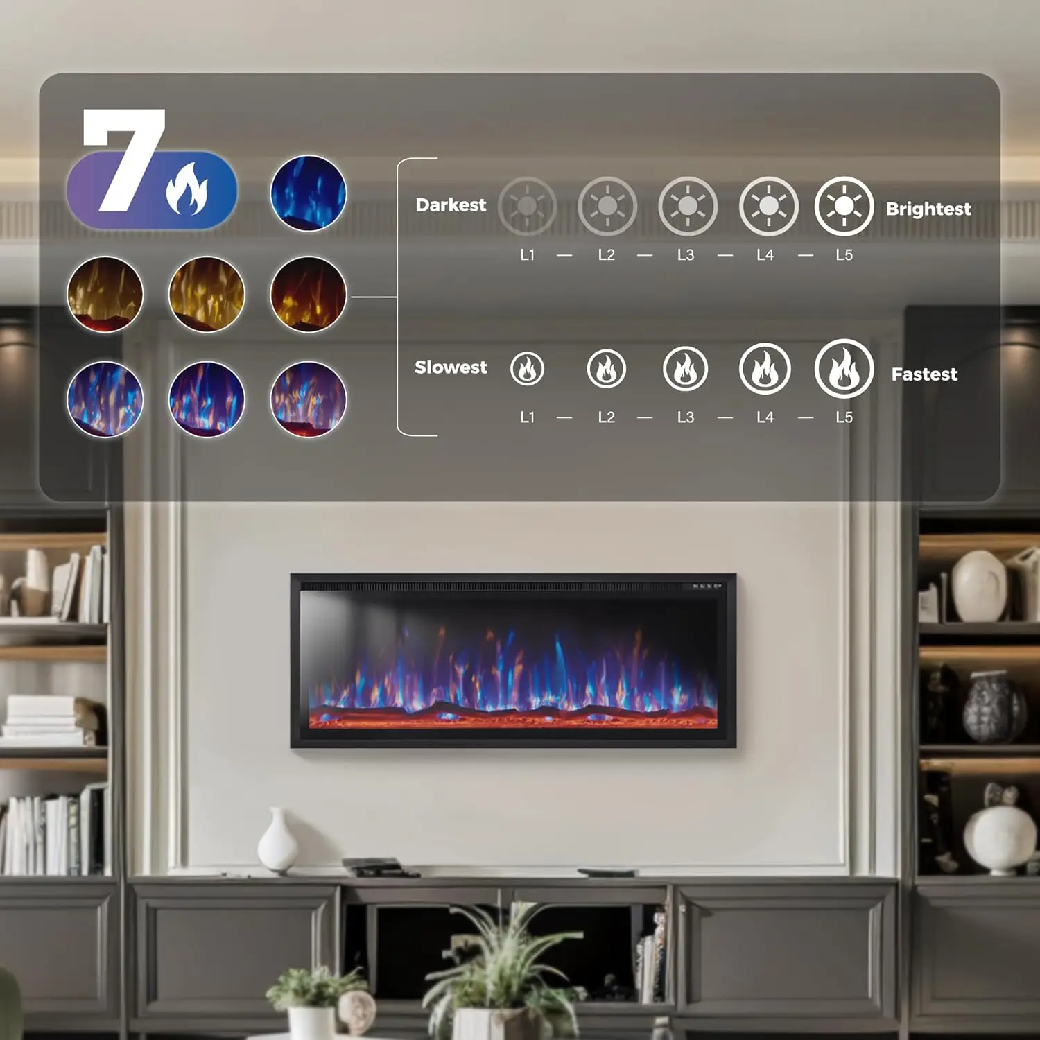 Slimline Wall-Mounted Electric Fireplace Heater, Recessed Design with Remote Control