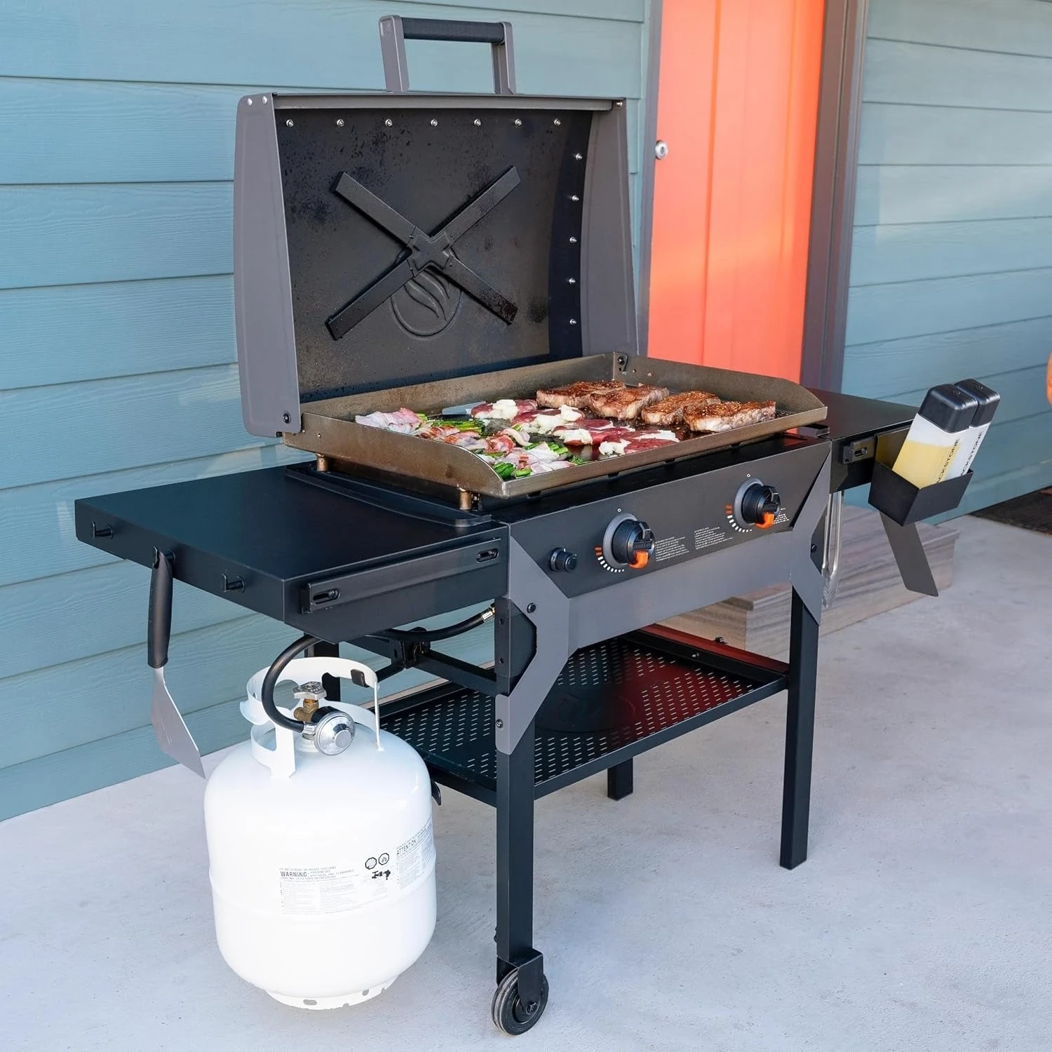 new 2311 Iron Forged 28” Omnivore Griddle with X-Braced Hood, Powder Coated Steel, Black, Customized