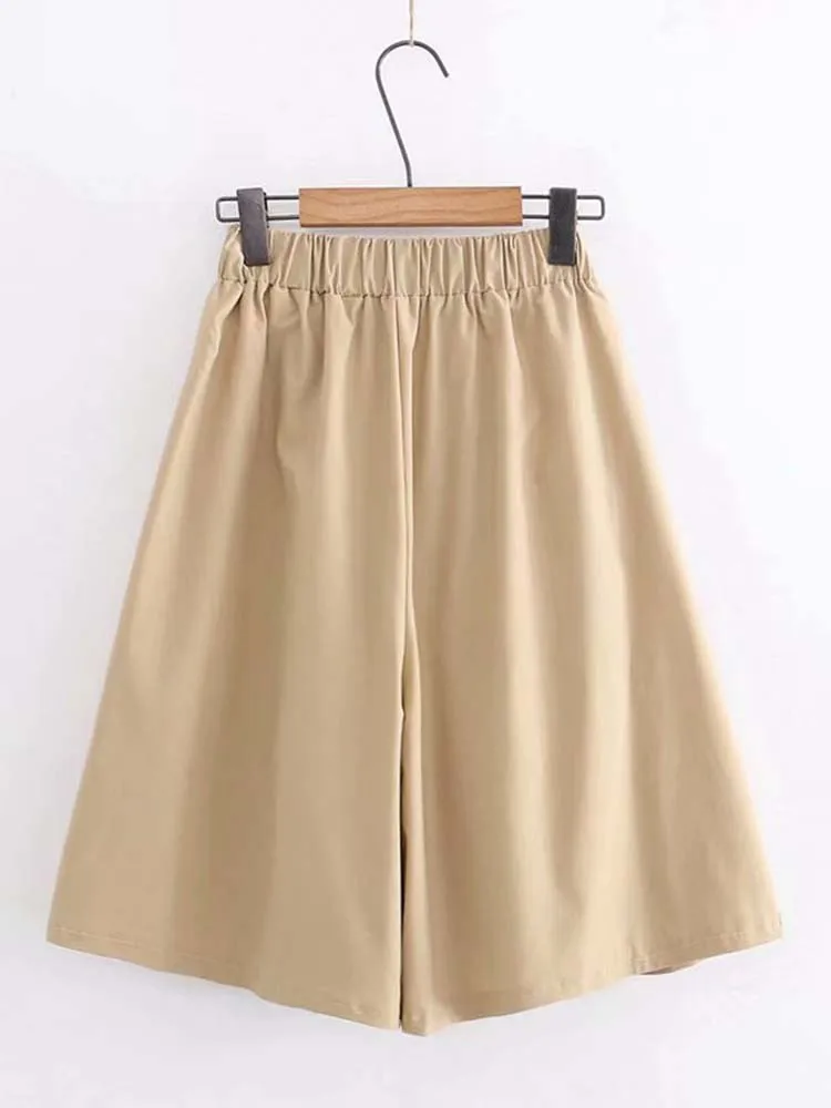 Women Summer Solid Cotton Wide Leg Pants Elastic Waist Loose Korean Casual Knee Length Shorts Skirts Girls Midi Trousers Pocket