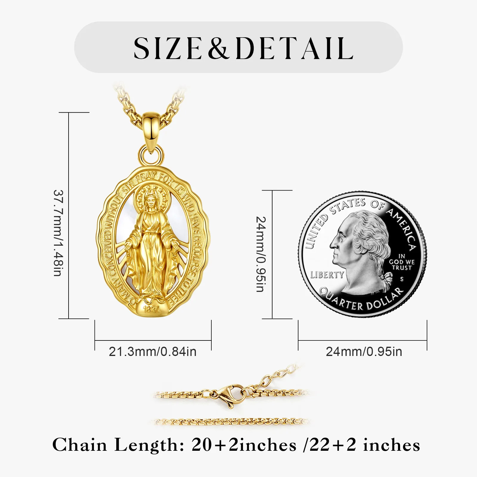 Eudora Copper Virgin Mary Necklace Mother of God Medallion White Mother of Pearl Pendant Religious Jewelry Gift for Woman Man