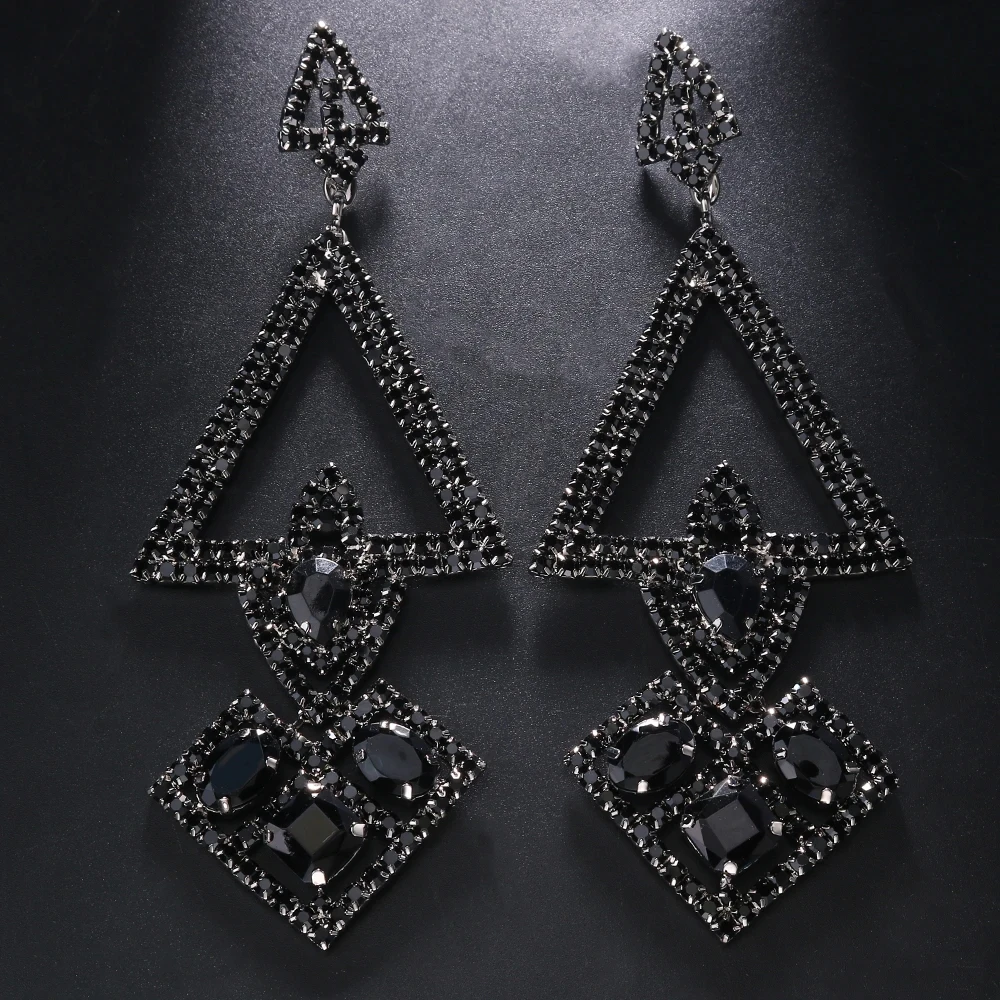 Stonefans Bling New Rhinestone Black Long Drop Earrings Hot Selling Exaggerated Triangle Crystal Earring for Women Carnival Gift