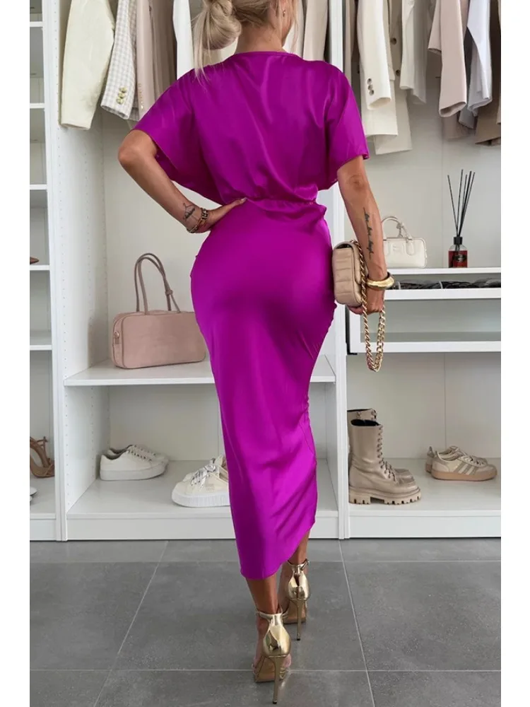 Women's Fashion Satin Elegant Deep V Collar Bat Short Sleeve Party Dress Ladies Sexy Temperament Slim Fit Solid Color Long Dress