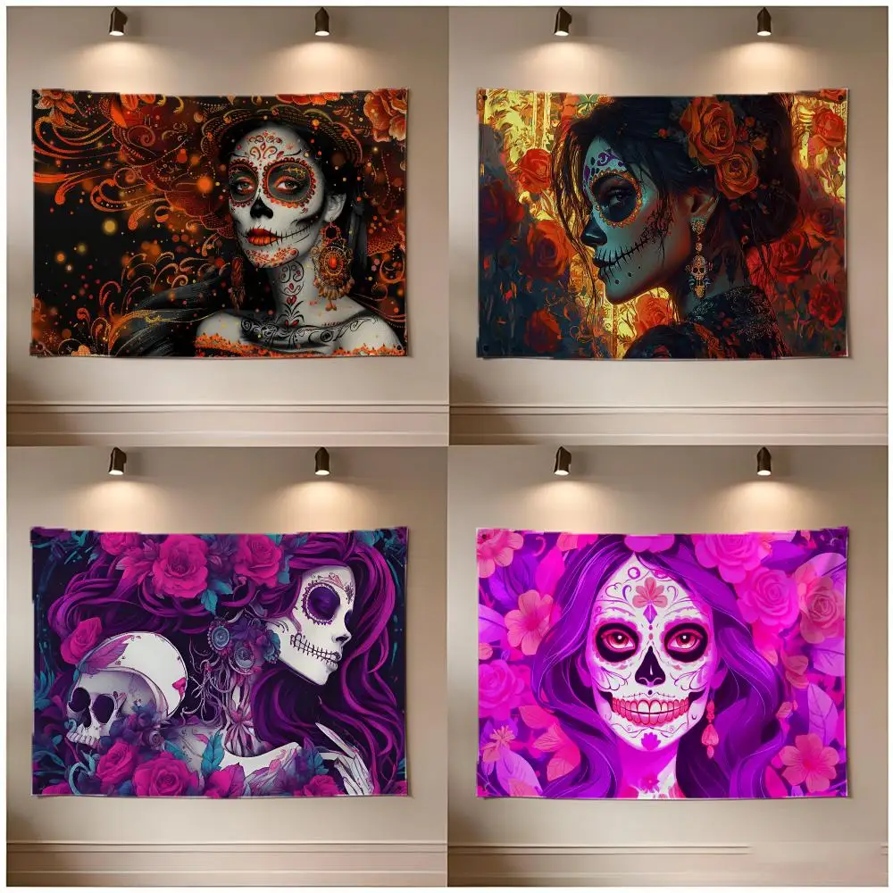Edgy Halloween Sugar Skull Girls Flags Borderless Four Ring Ornament Indoor Outdoor Decoration Quick Hang Install