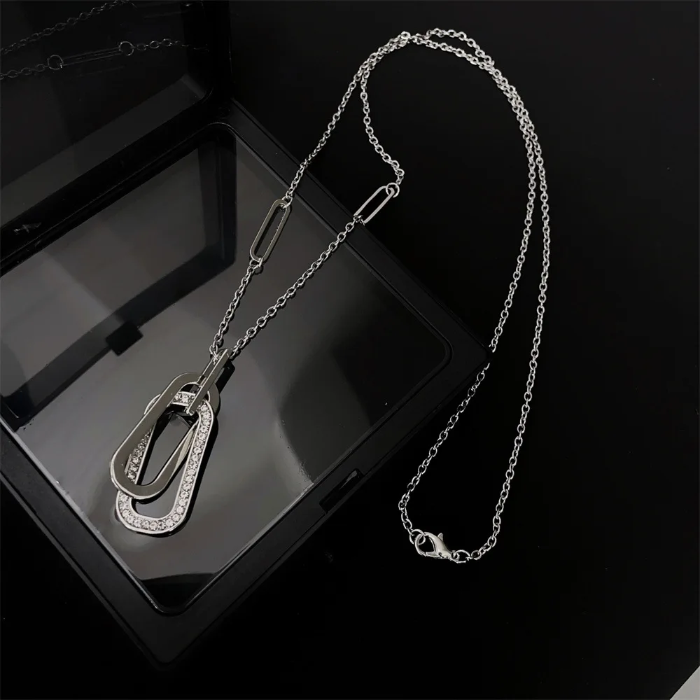 Fashion Cubic Zirconia Geometric Loop Pendant Long Charms Necklace Temperament Sweater Chains Exquisite Golden Jewelry Accessory