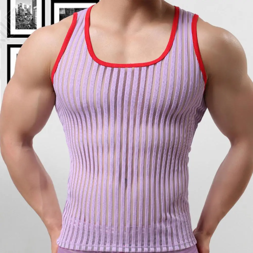 Summer Men Undershirt Trendy Sports Vest Striped Shirt Elastic Mesh Yarn Tees Bottoming Shirt 3D Cutting Fitness Vest Streetwear