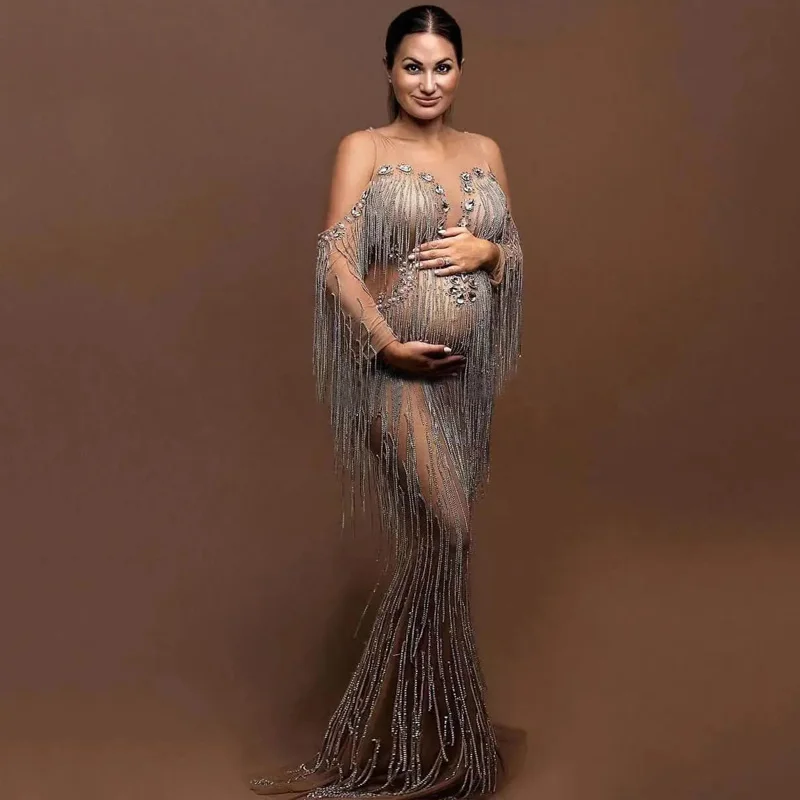 

2024 new arrivals blingbling diamond tassels maternity dresses pregnant women party plus size dresses for photo shoot