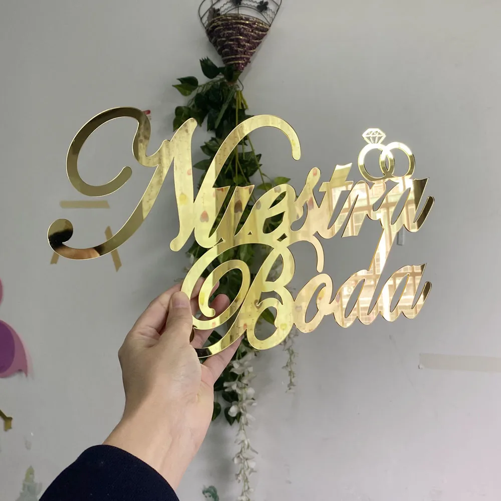 Nuestra Boda Sign Wedding Party Decoration Bridal Shower Backdrop Acrylic Our Wedding in Spanish Wall Hanging Mirror Gold Silver