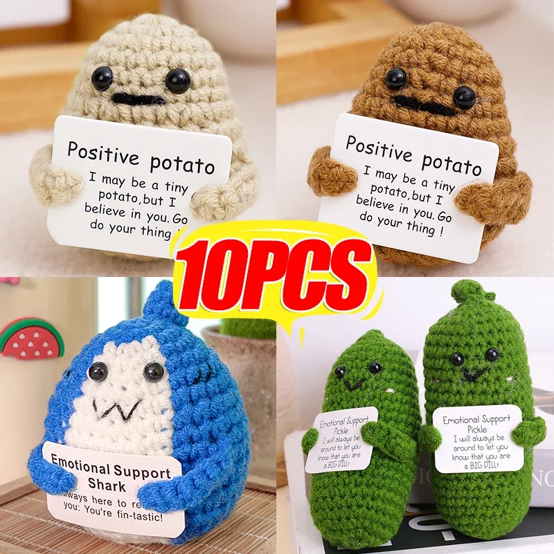 New Positive Energy Shark Funny Crochet Potatoes Cucumber Handmade Knitting Doll With Card Christams Gifts Home Room Decoration