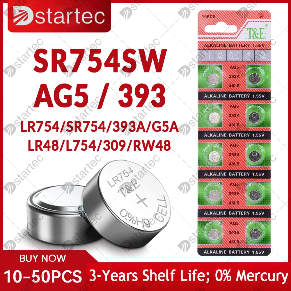 Кнопочные батарейки AG5 LR754, 10-50 шт., 1,55 в, SR754 193 393, круглая батарейка, Щелочная батарейка L754 SR754SW LR48 для часов, игрушек, часов