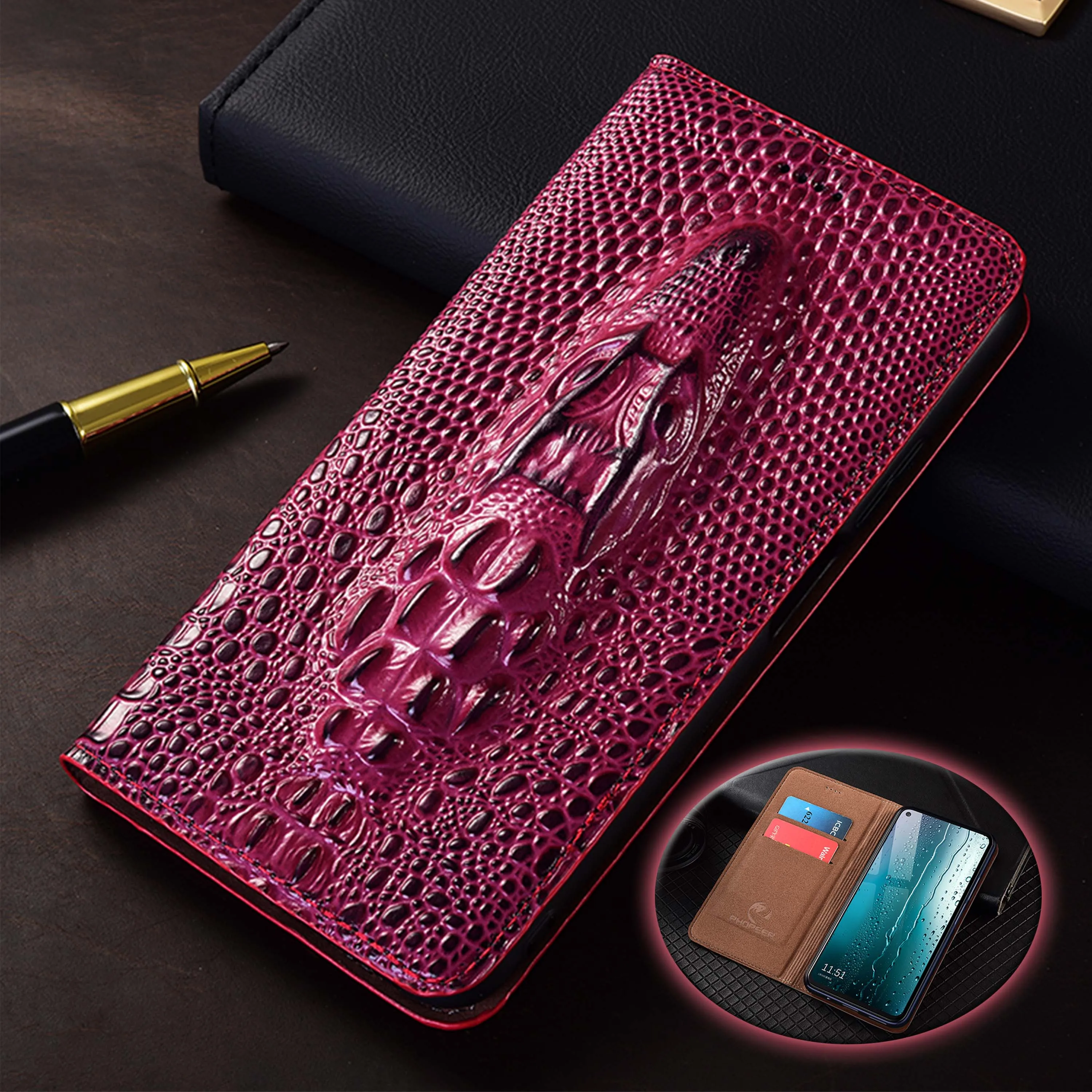 

For Honor 8X 9X X10 X20 Pro SE Max Crocodile Head Pattern Genuine Leather Wallet Flip Phone Cover Case Cowhide Scratch-Resistant
