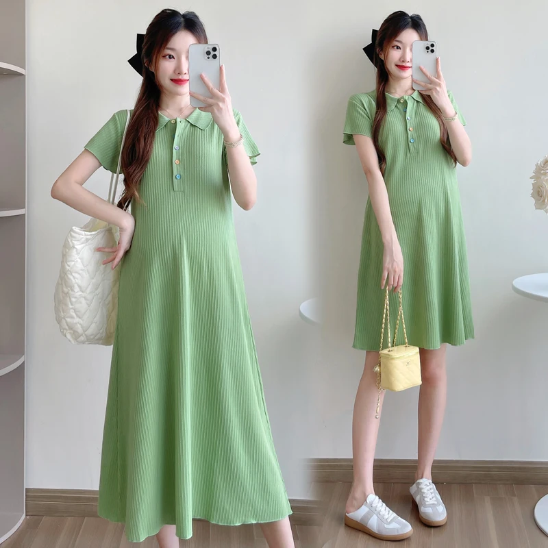 Maternity Summer Clothing Green Knitted Dress Short Sleeve Turn-down Collar Button Fly Pregnant Woman Loose Casual Dress Nursing