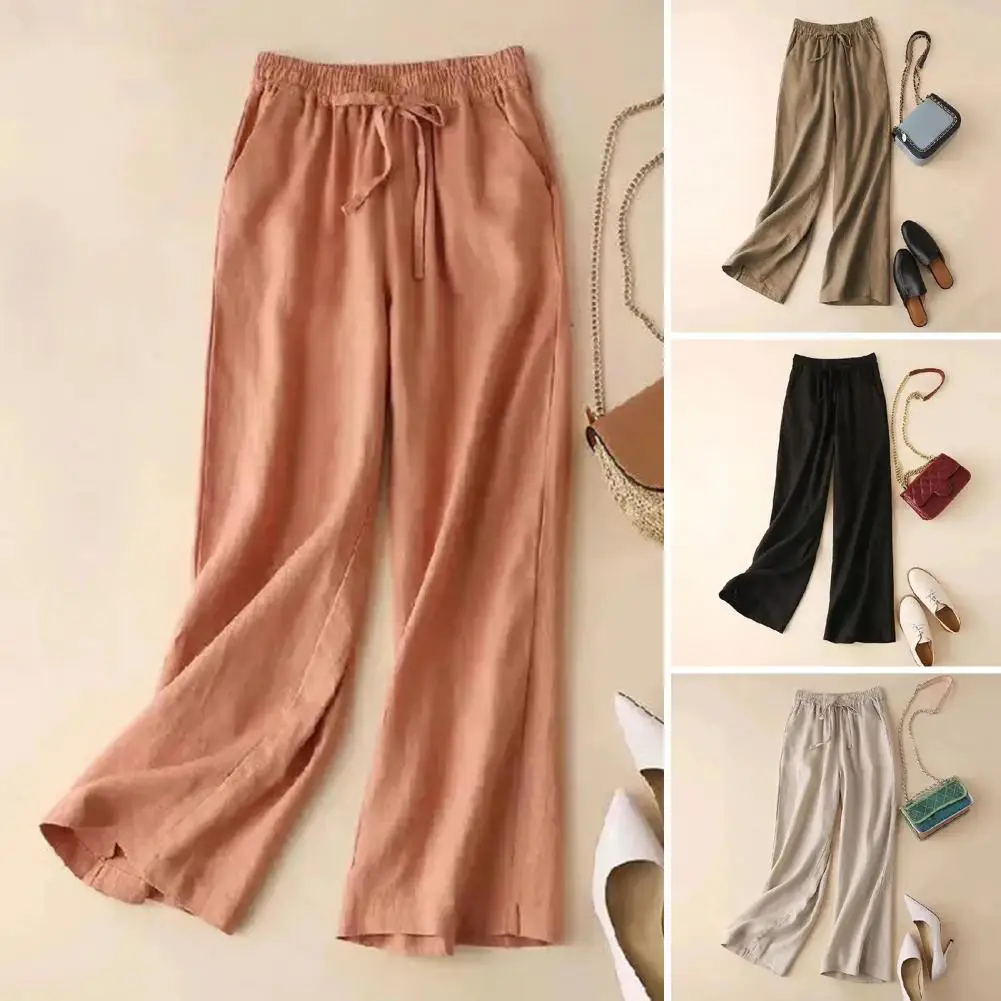 Women's Summer Pants Elastic Waist Adjustable Drawstring Solid Color Loose Pants Straight Leg Wide Leg Casual Pants