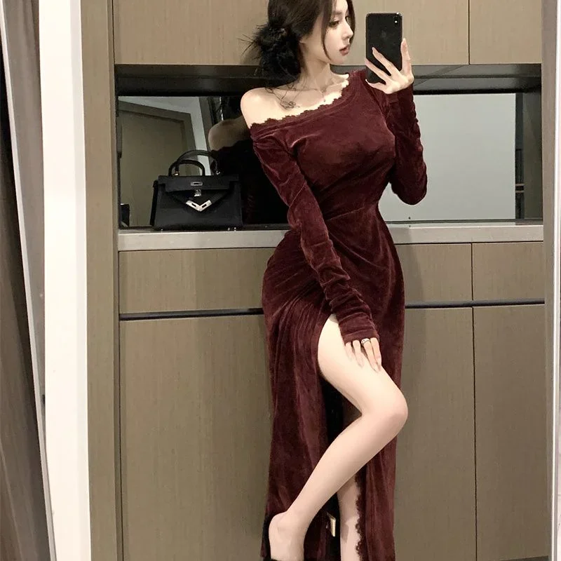 

Осенне-зимнее кружевное платье в китайском стиле с разрезом в стиле ретро и косыми плечами для женщин