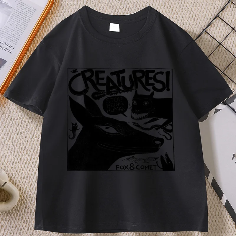 Funny Animals Printed T-shirt Fox Cotton Short Sleeve Round Neck Tshirts Soft Comfortable