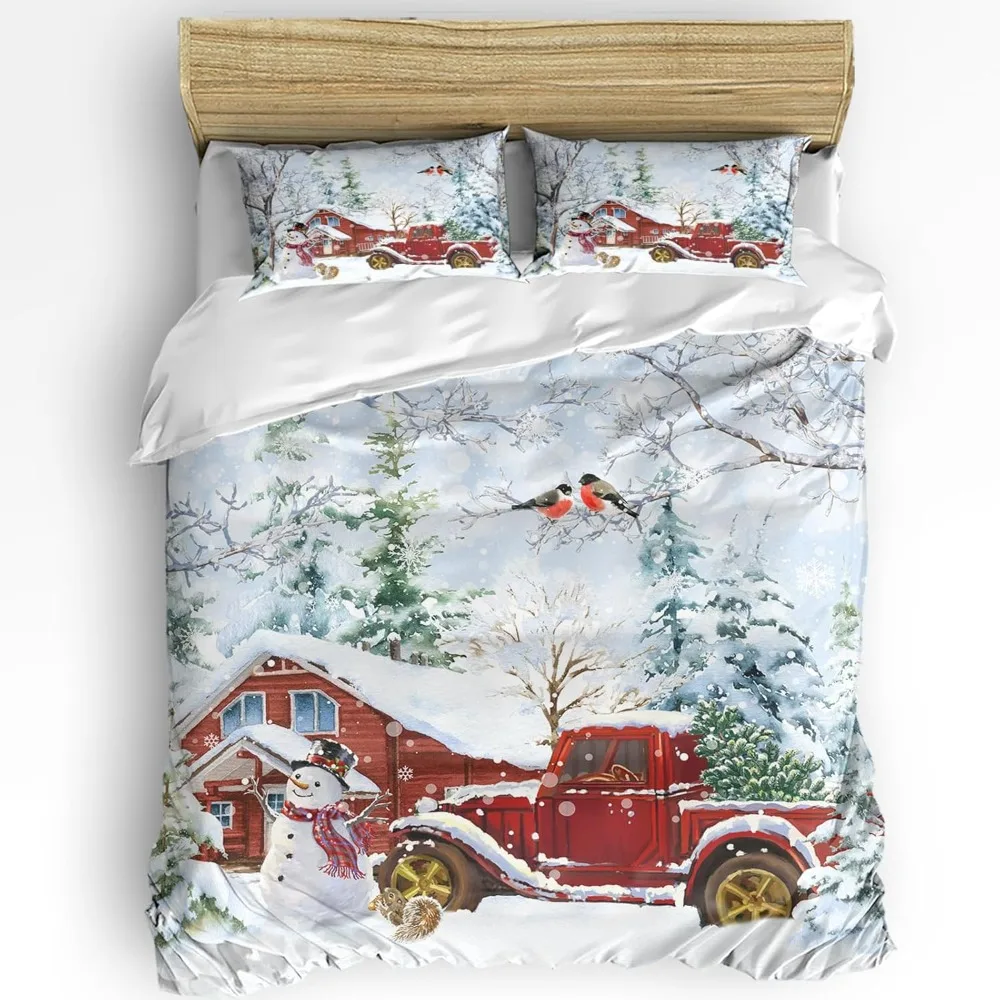 

Christmas Duvet Cover Set California King Size Christmas Winter Snowflakes Snowman Truck Red Comforter Cover Set Soft Bedding