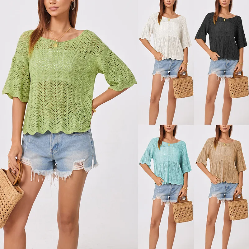 

Women 2026 Spring Summer Loose Fit Round Neck Crochet Knit Top Casual Breathable Blouse for Daily Wear Office