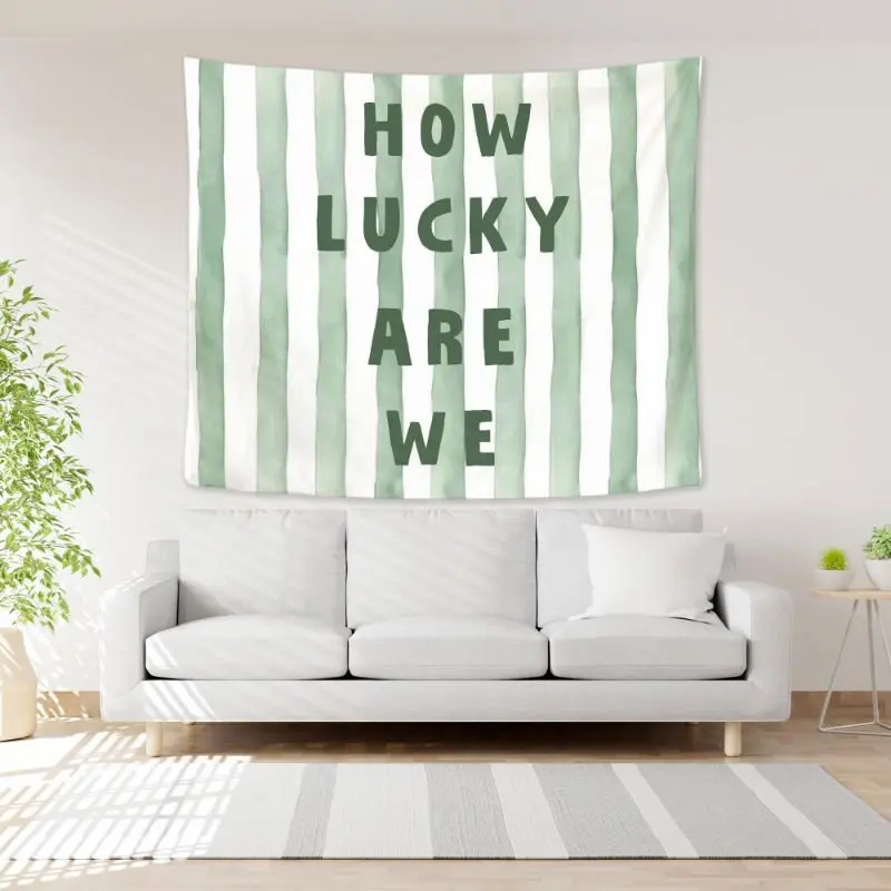 VIKAMA Blue White Vertical Stripe Tapestry Wall Hanging How Lucky Are We Quote Aesthetic Wall Art Bedroom Dorm Decor